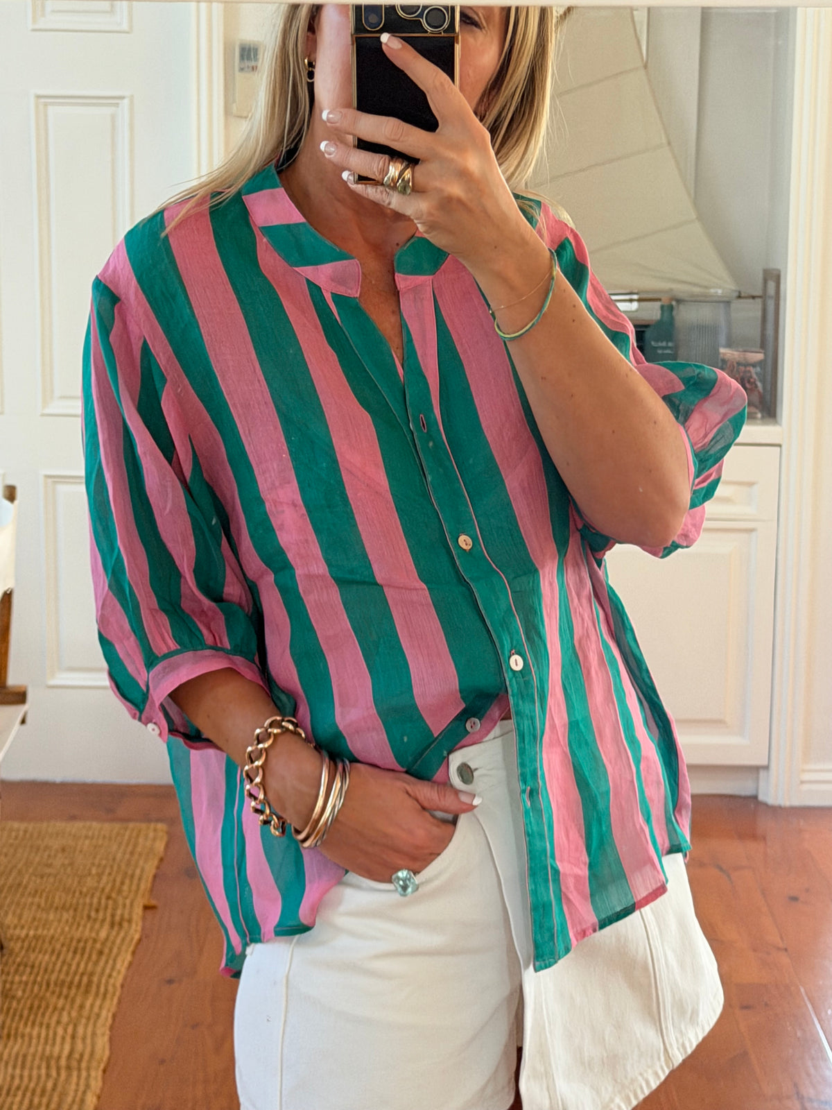 St Tropez Stripe Linen Shirt - pink & green