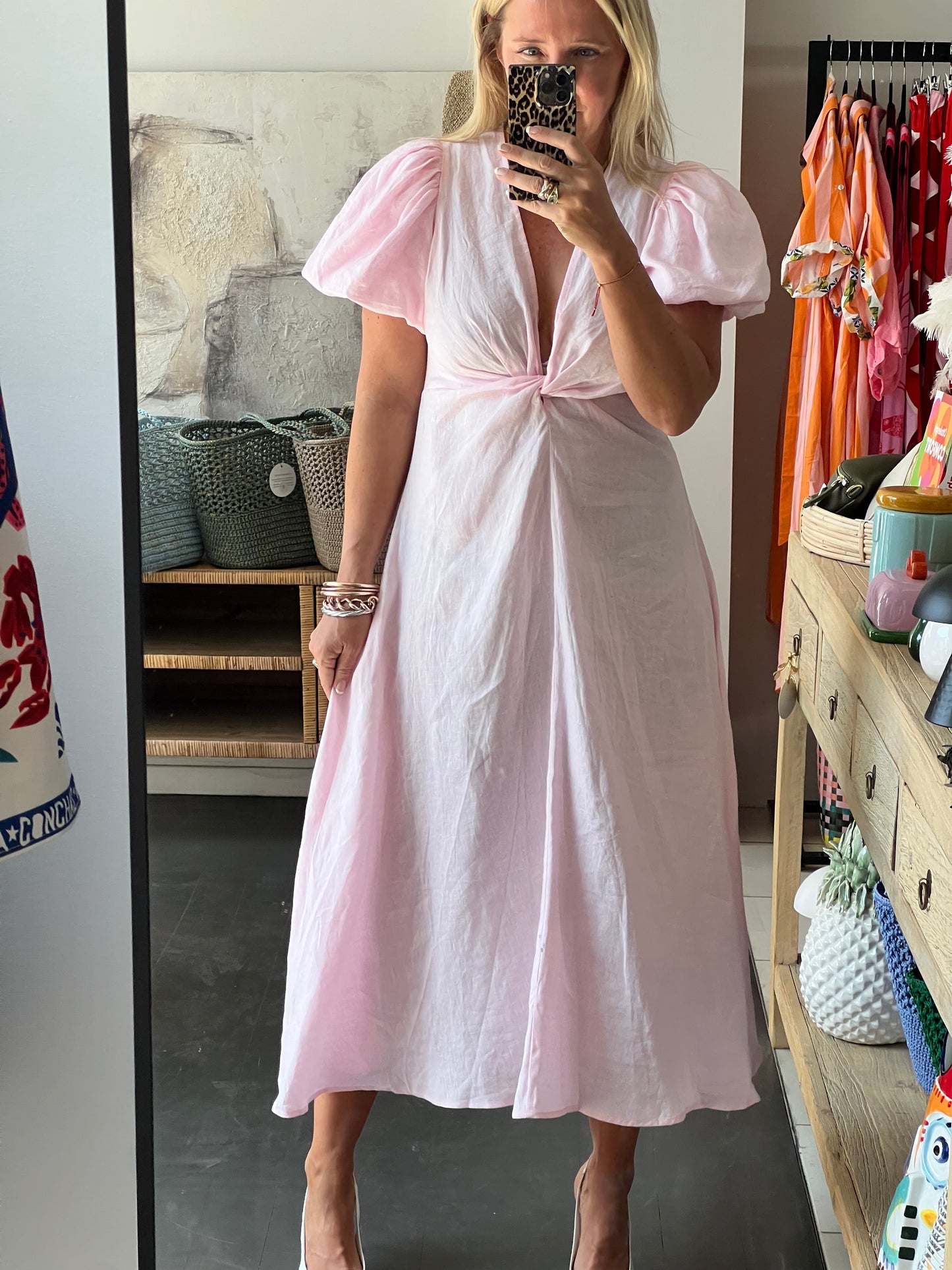 Puff Sleeve Midi Dress -pink