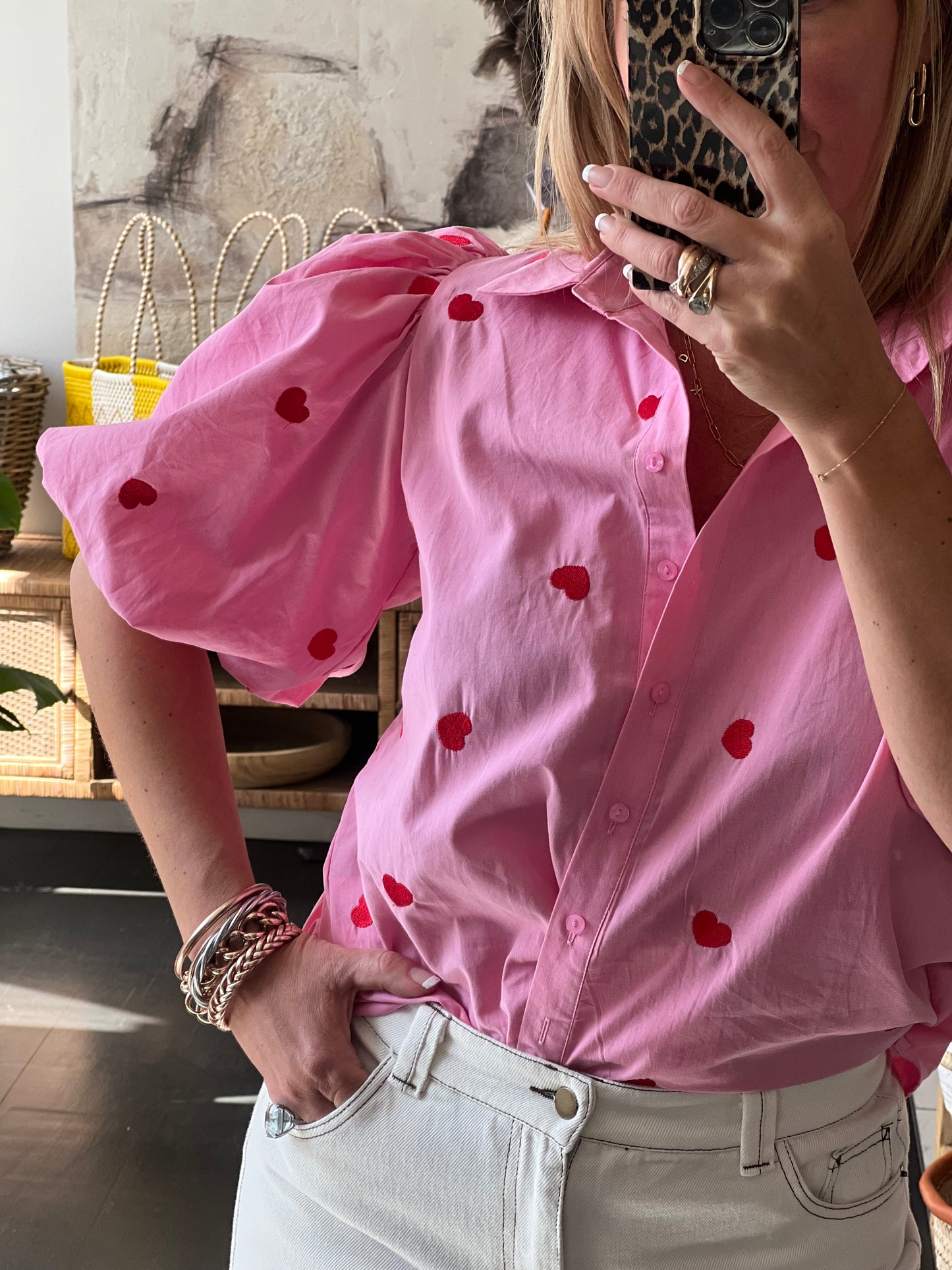 Hearts Puff Sleeve Cotton Shirt Top