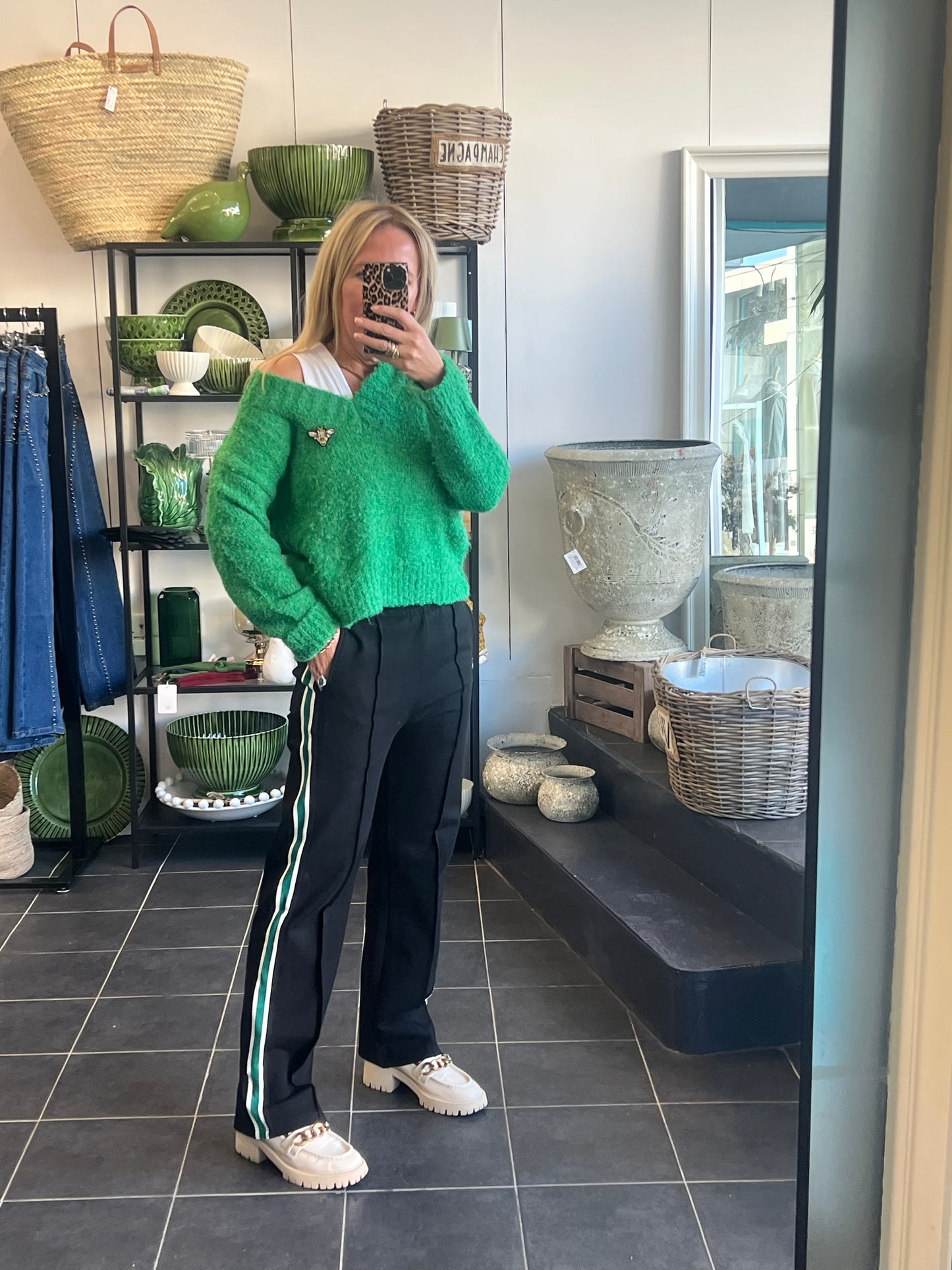 Pinstripe Ponti Pintuck Pants- green stripe