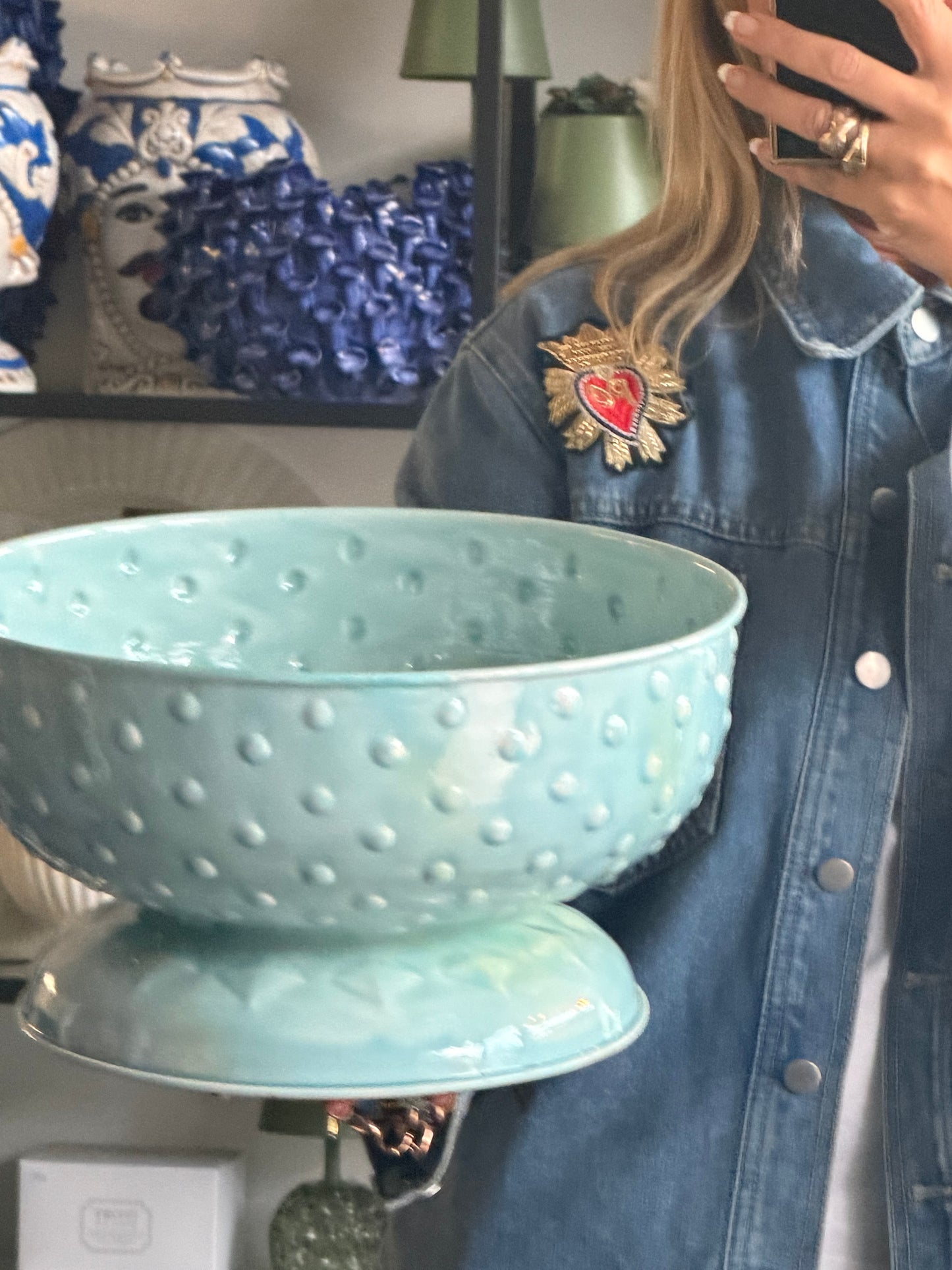 XL Footed Glazed Tin Fruit Bowl-  blue