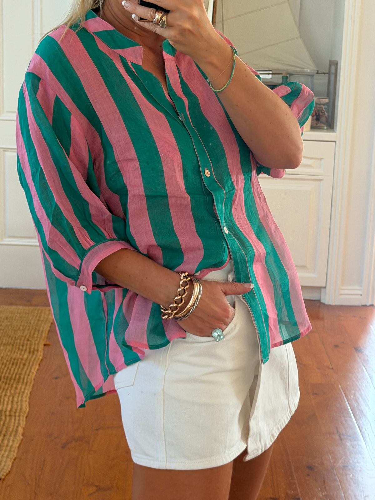 St Tropez Stripe Linen Shirt - pink & green