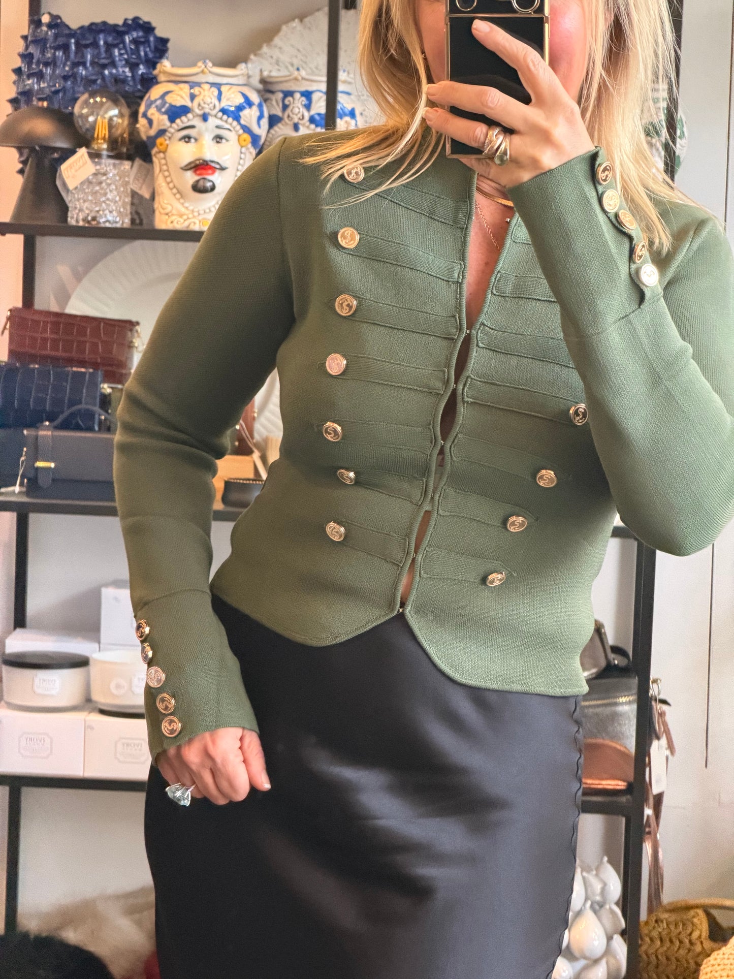 Crepe Knit Military Jacket-  khaki
