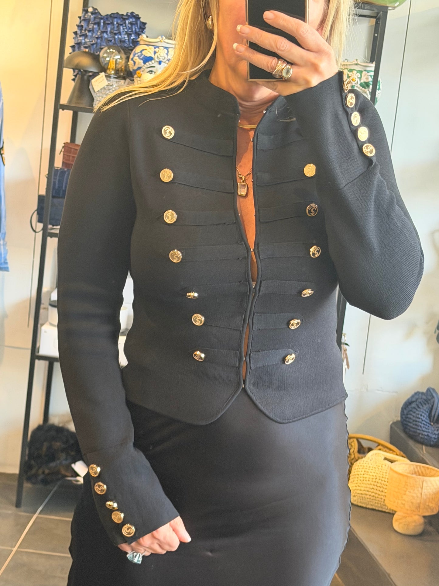 Crepe Knit Military Jacket-  black