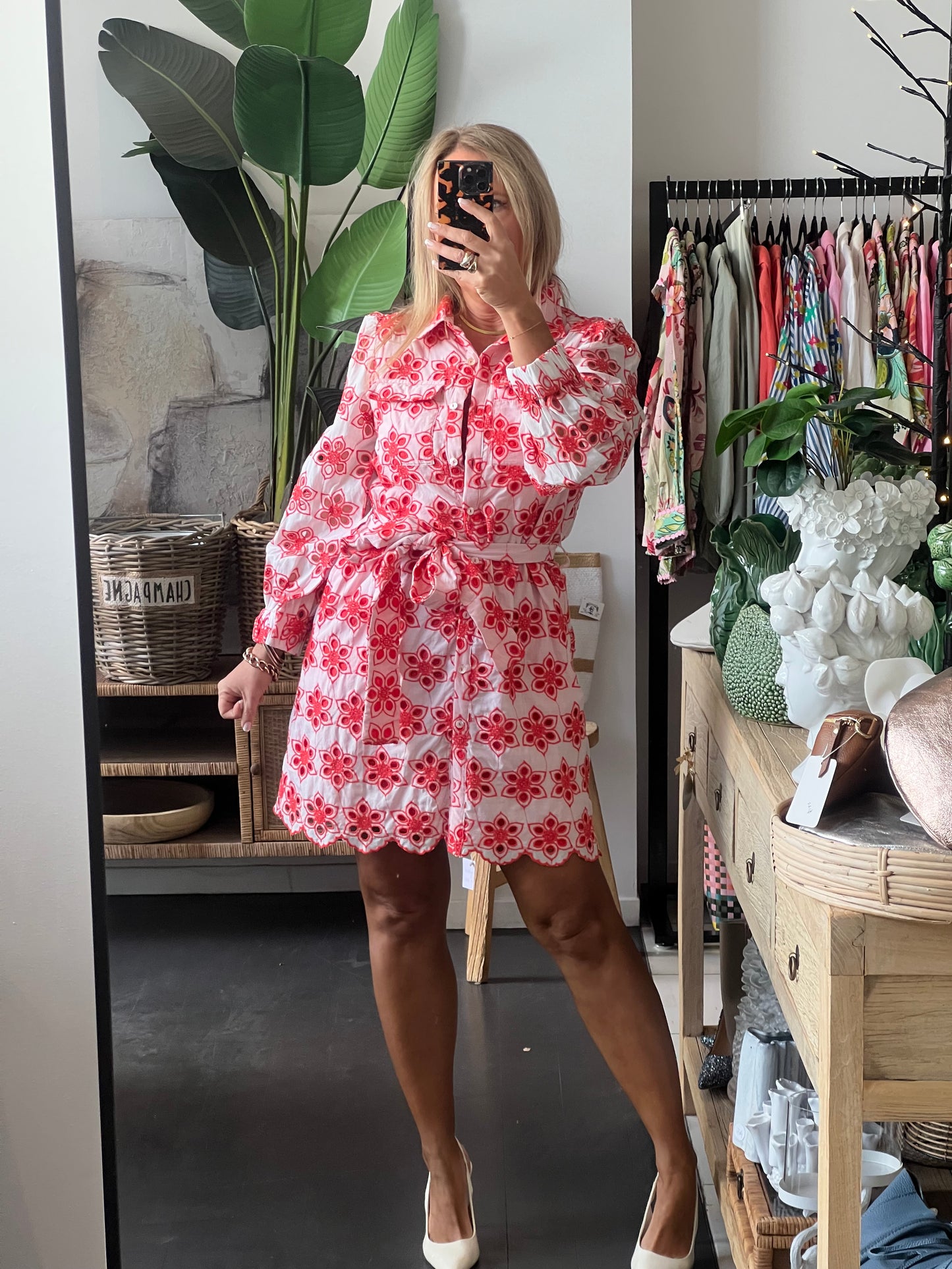 Broderie Anglaise Shirt Dress- red