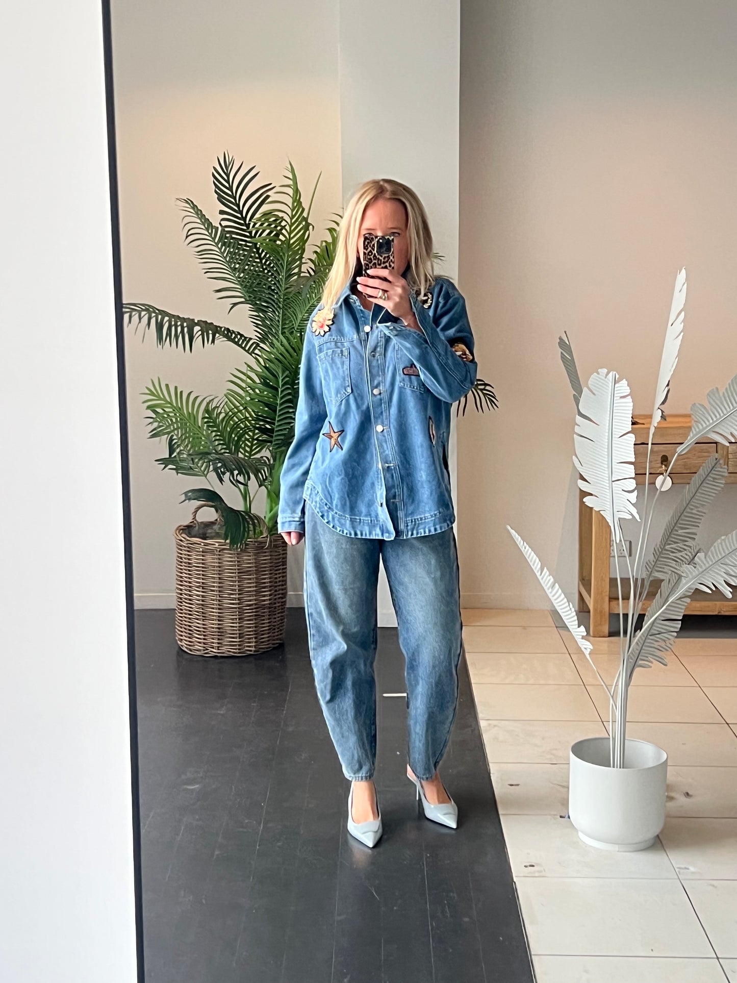 Denim French Bee Appliqué Patch Shirt Jacket
