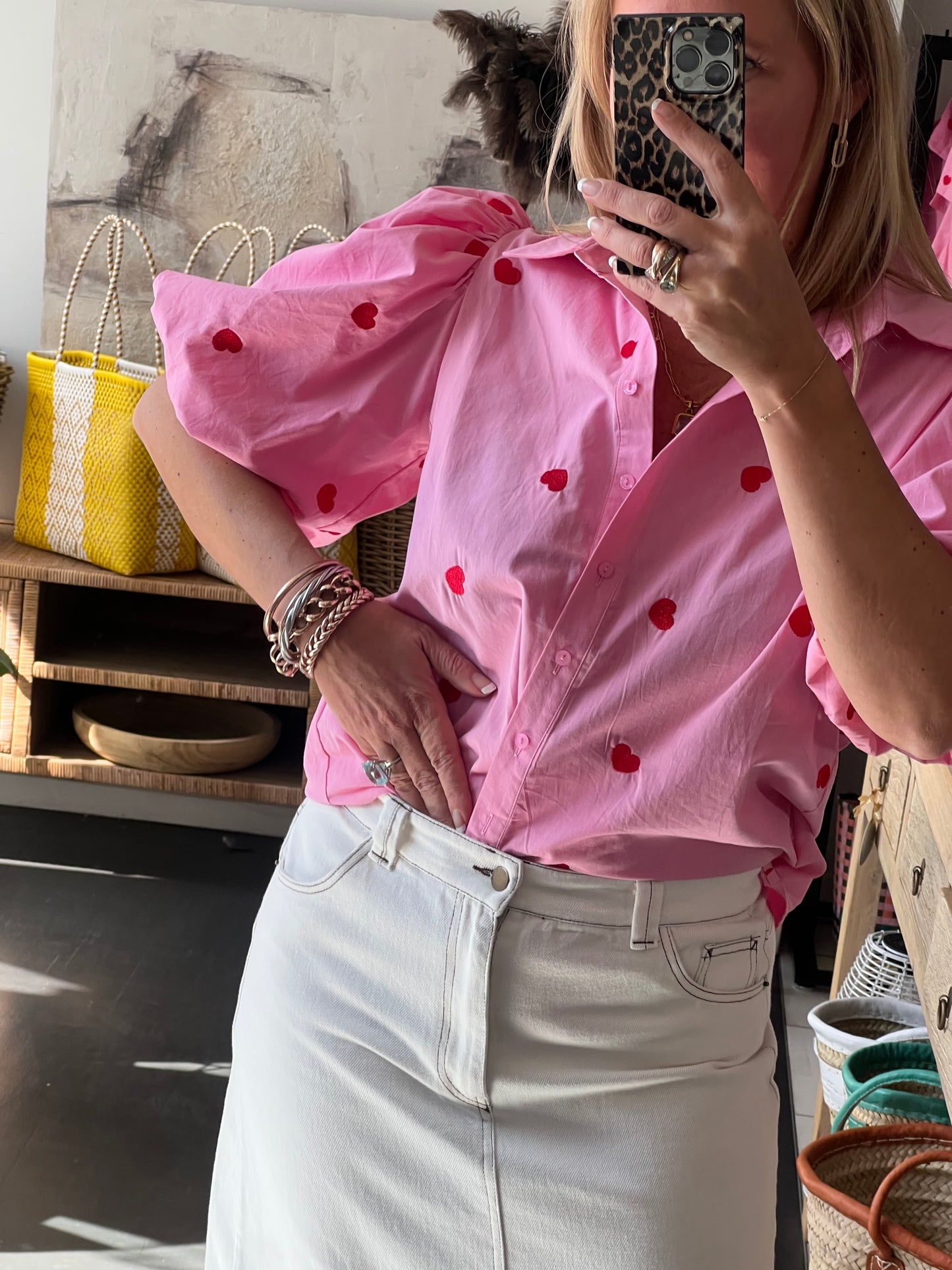 Hearts Puff Sleeve Cotton Shirt Top