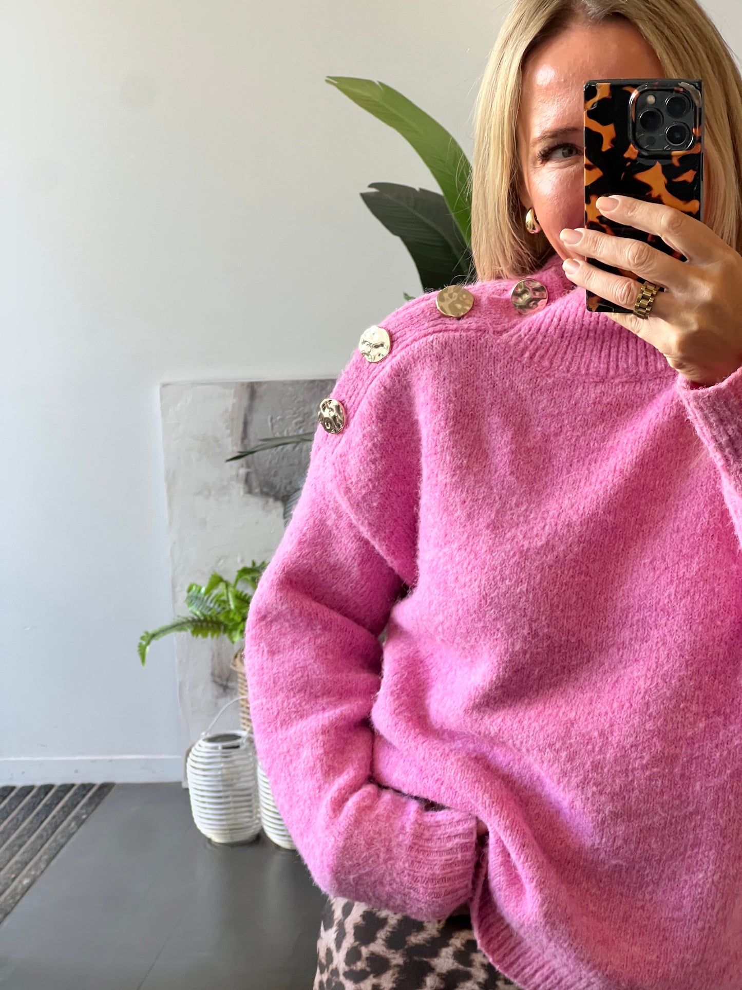 Gold Button Neck Jumper - pink