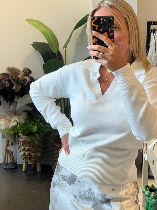Milano Polo Knit Top - WHITE