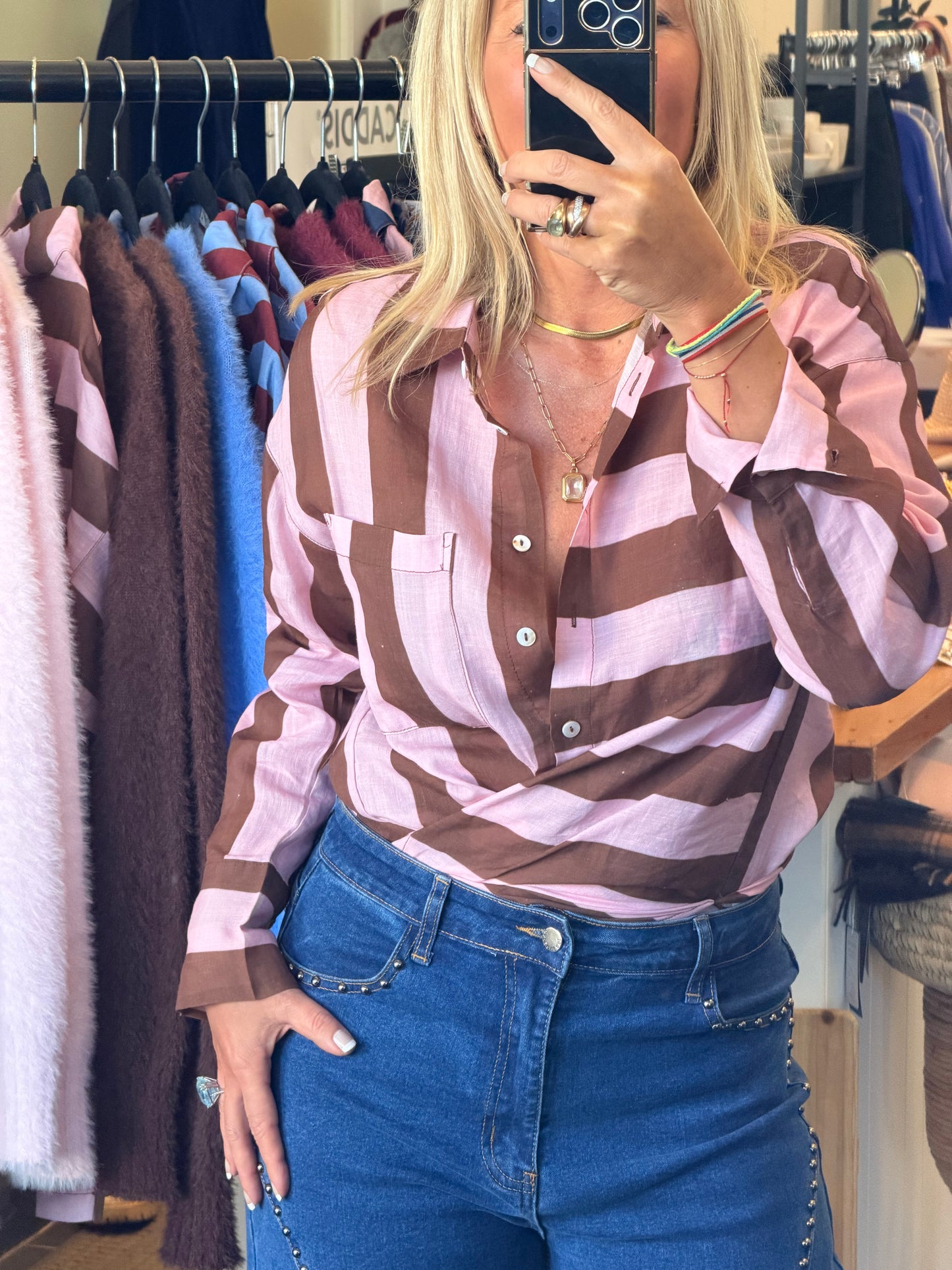 Riviera Stripe LInen Shirt - pink & tan