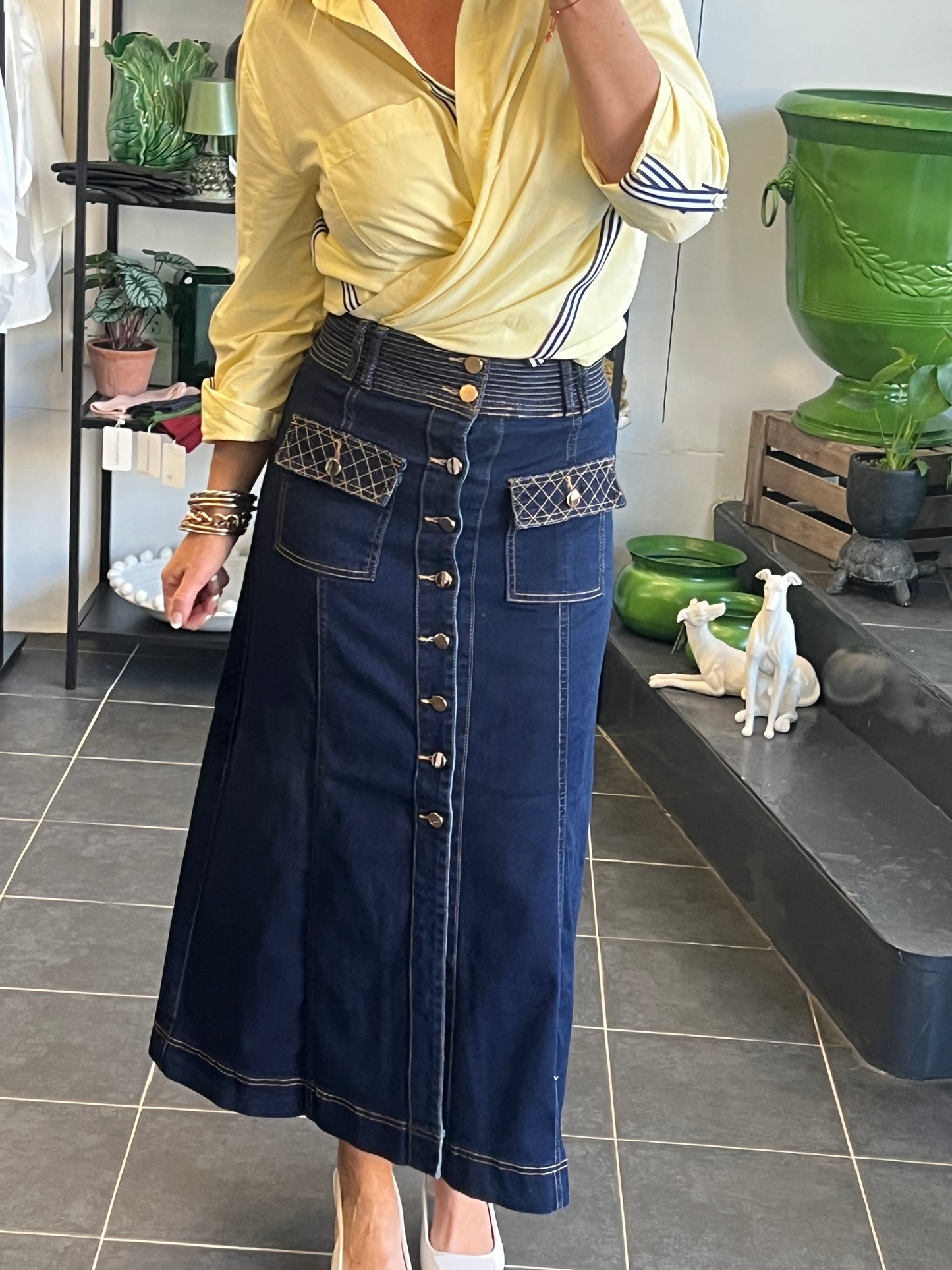 Button Indigo Denim Skirt