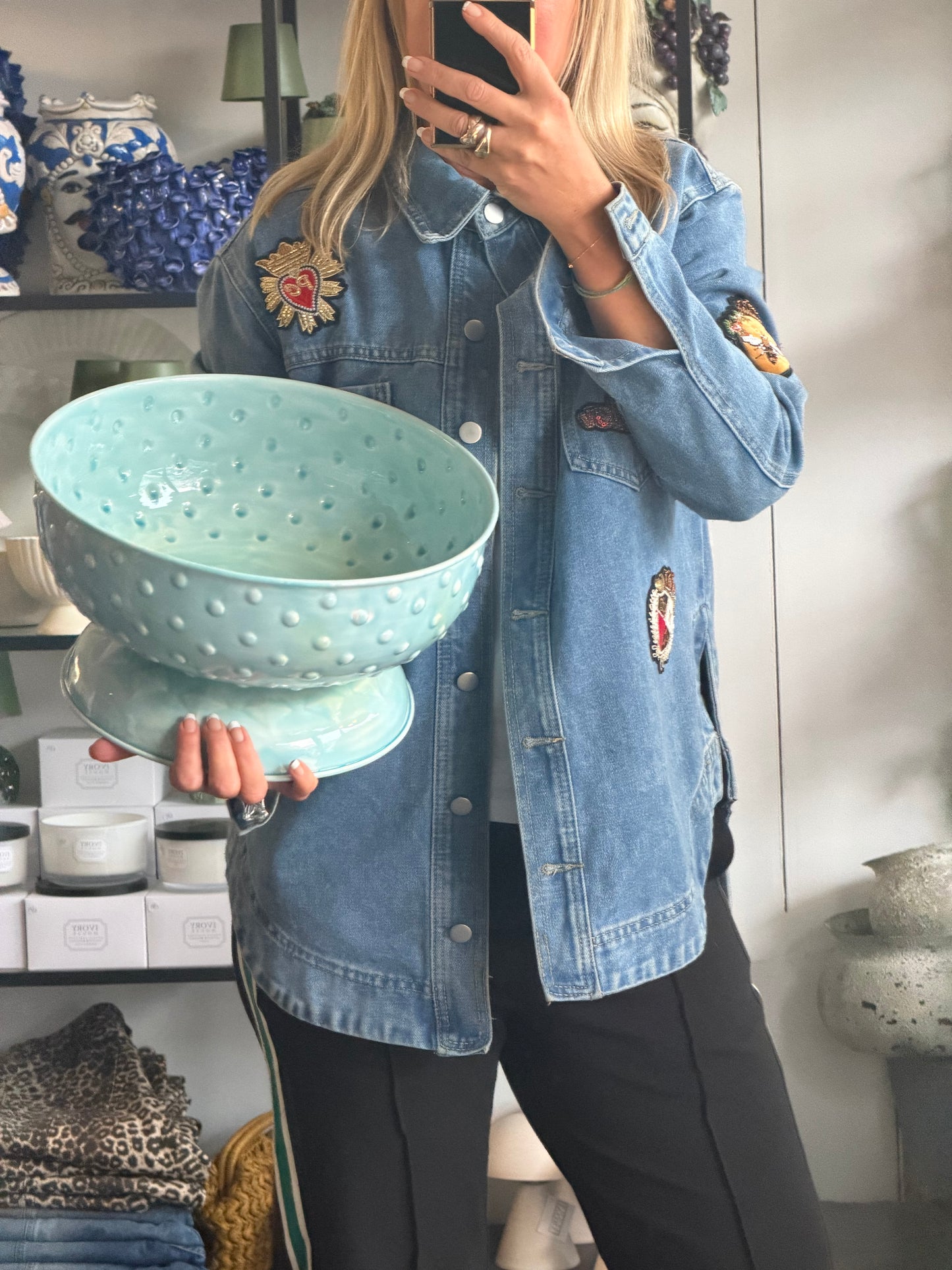 XL Footed Glazed Tin Fruit Bowl-  blue