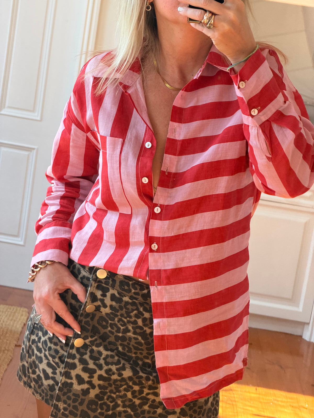 Riviera Stripe LInen Shirt - pink & red