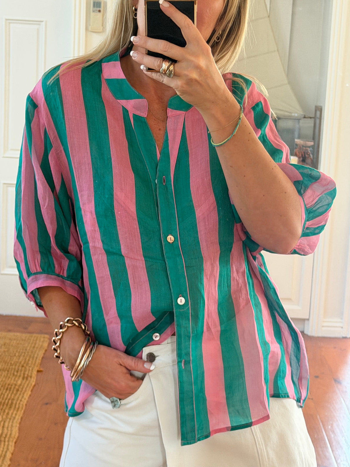 St Tropez Stripe Linen Shirt - pink & green
