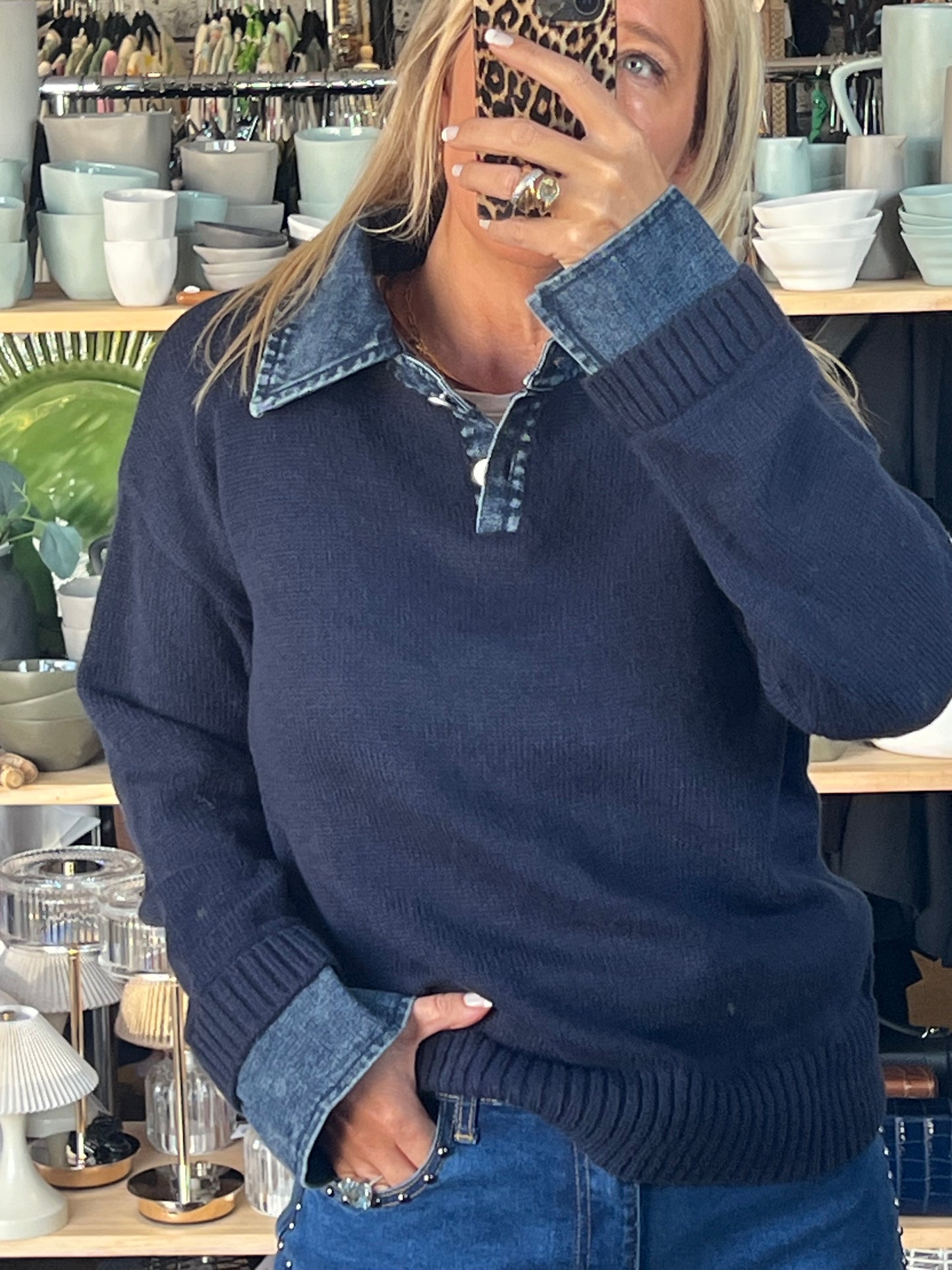 Denim Collar & Cuff Polo Knit