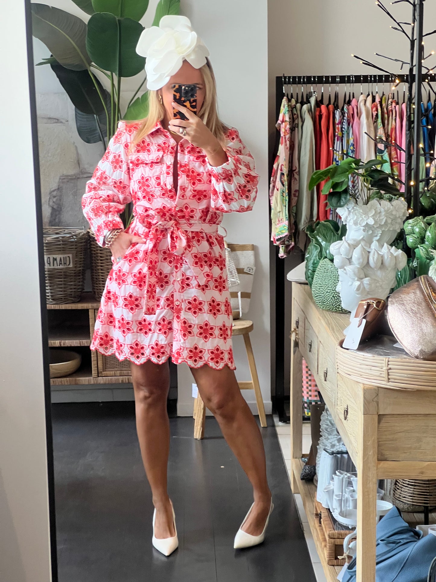 Broderie Anglaise Shirt Dress- red