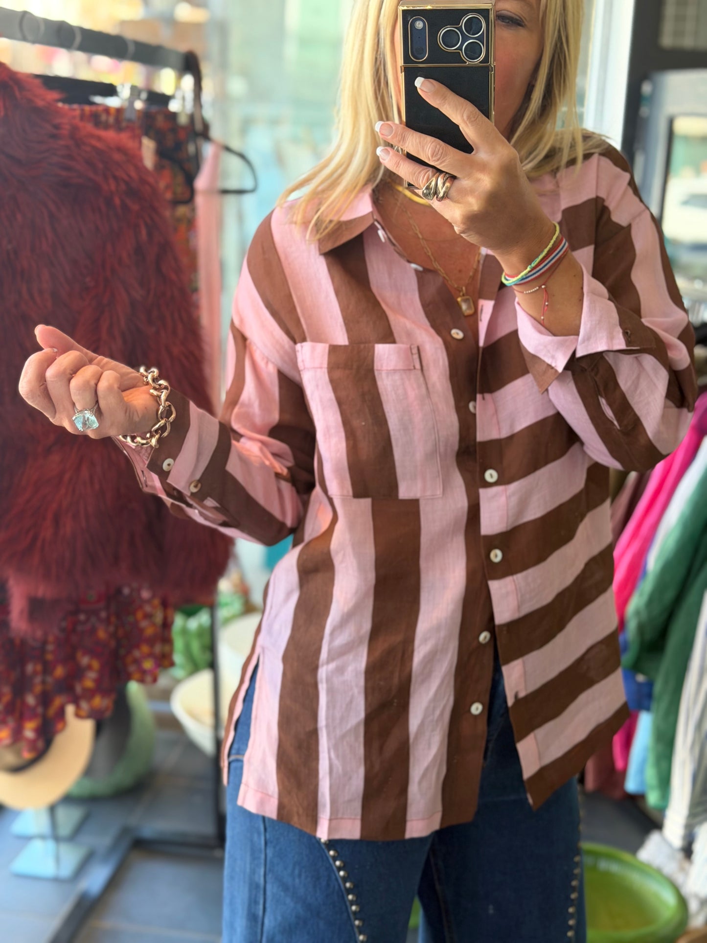 Riviera Stripe LInen Shirt - pink & tan