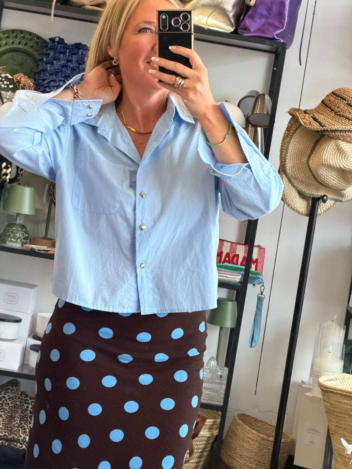 Crop Cotton Shirt Top- blue