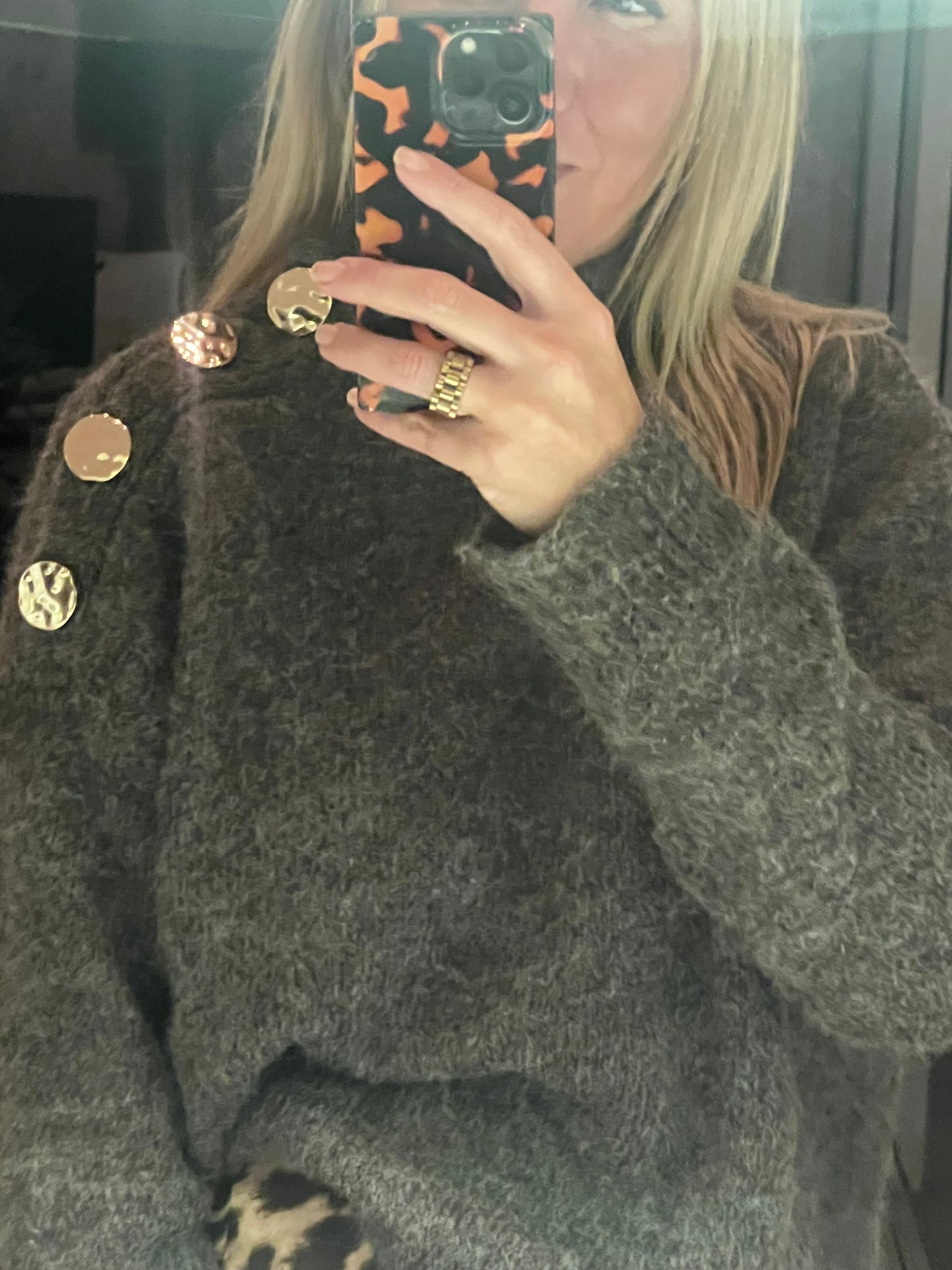 Gold Button Neck Jumper - chocolate brown