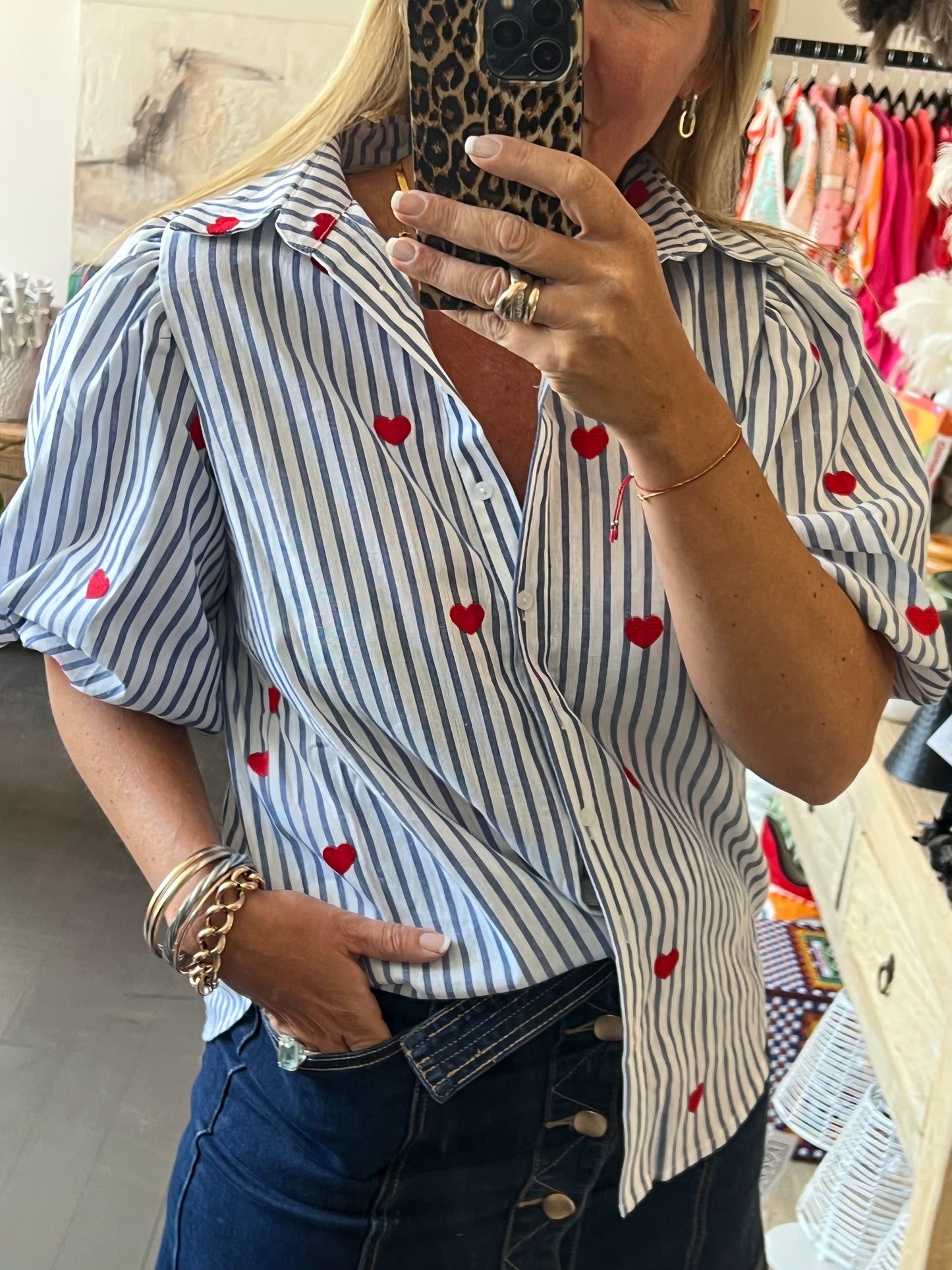 Hearts Puff Sleeve Cotton Shirt Top- pink