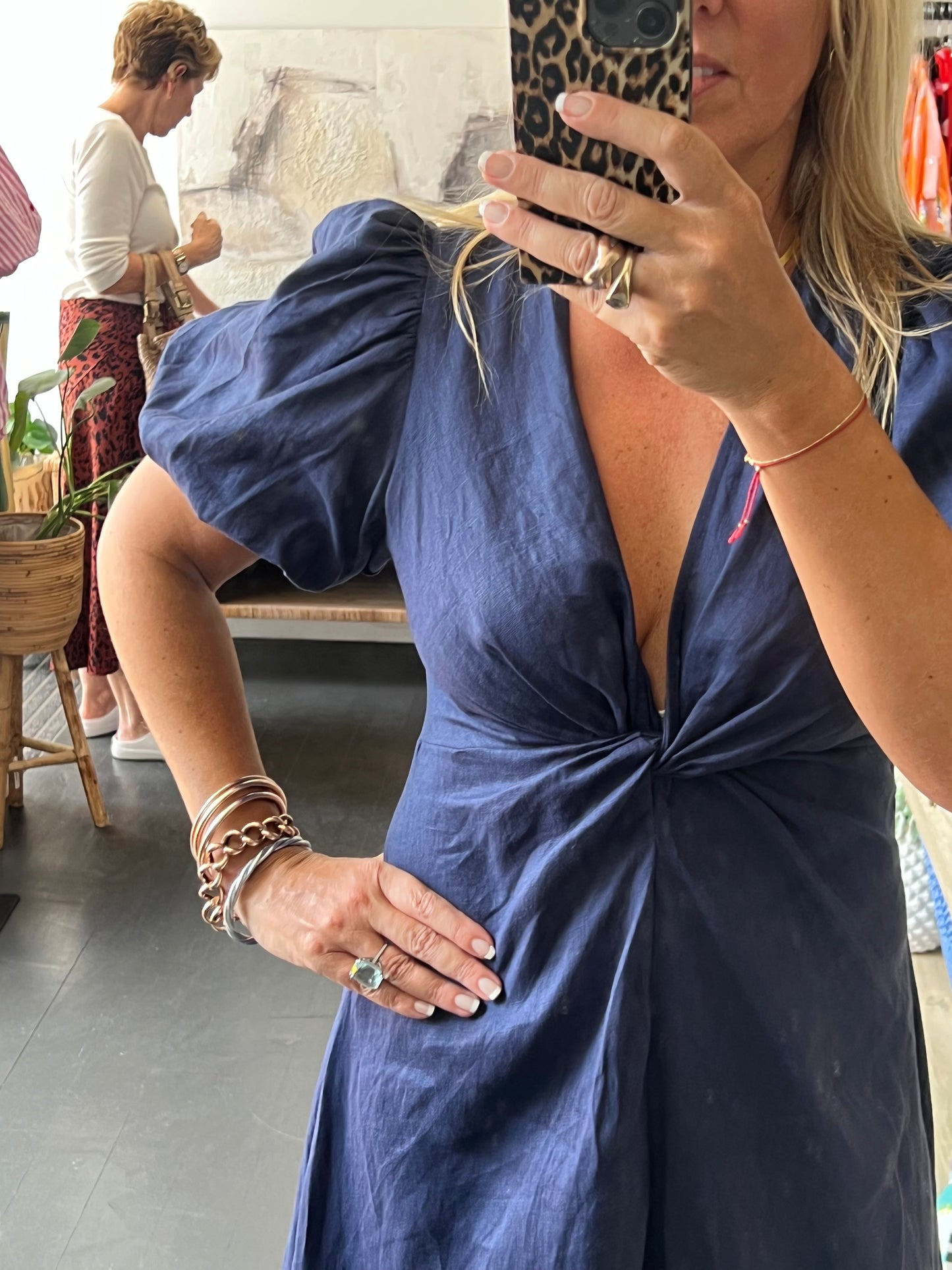 Puff Sleeve Midi Dress - navy
