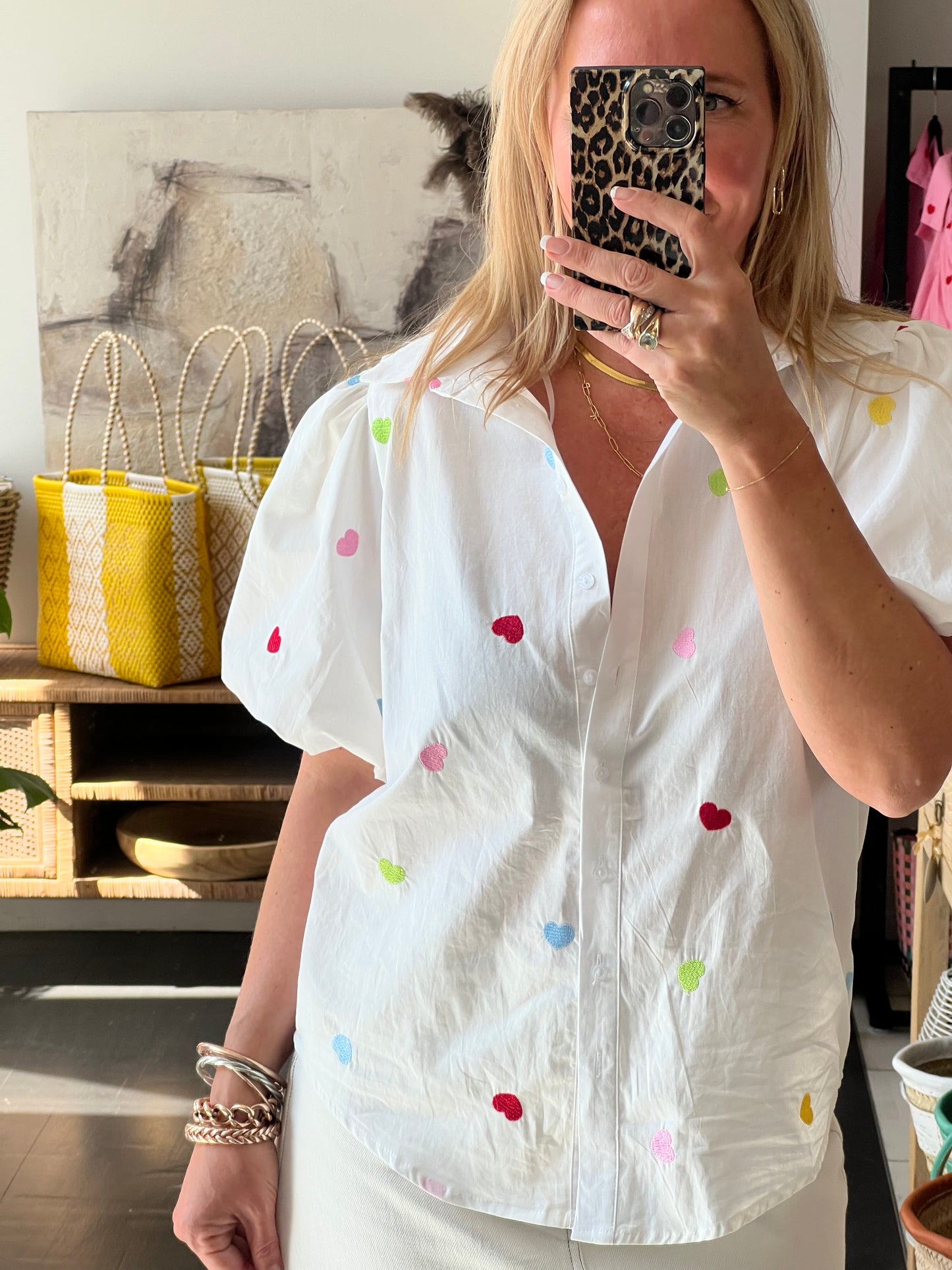 Hearts Puff Sleeve Cotton Shirt Top- white